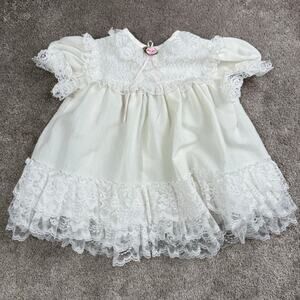 Vtg Jo Lene White Baby Dress Size 2T Lace Pink Rose Ruffle Christening Heirloom